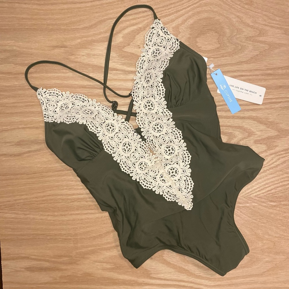 CUPSHE Women's Ladies Vintage Style Lace Swimwear Olive Green